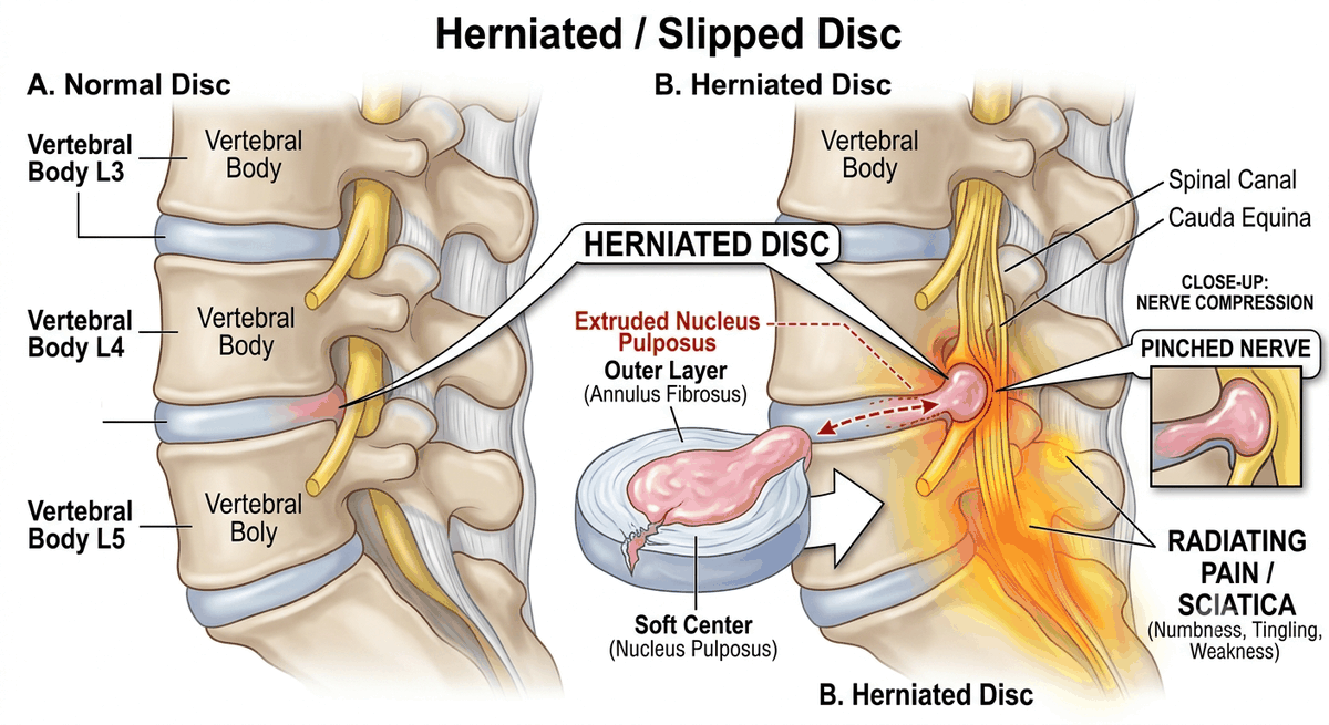 Normal disc versus herniated disc compressing a spinal nerve