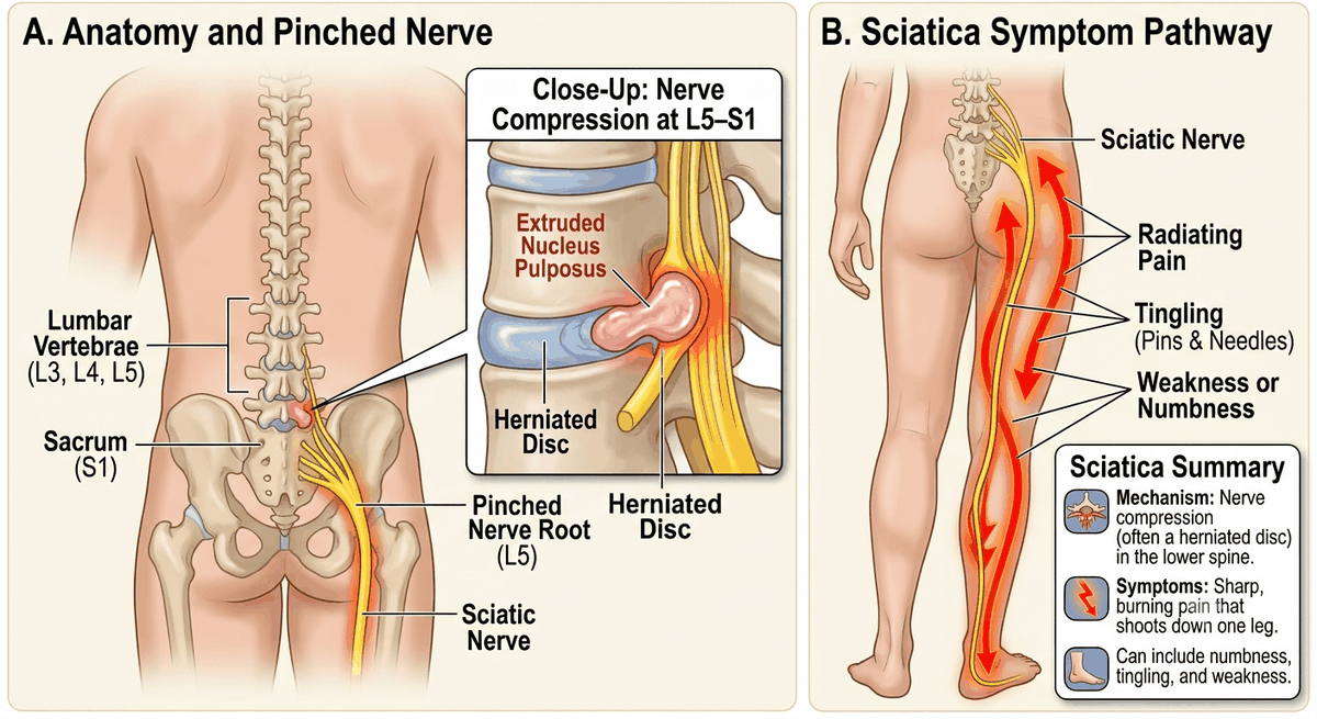 Sciatica — nerve compression pathway causing radiating leg pain