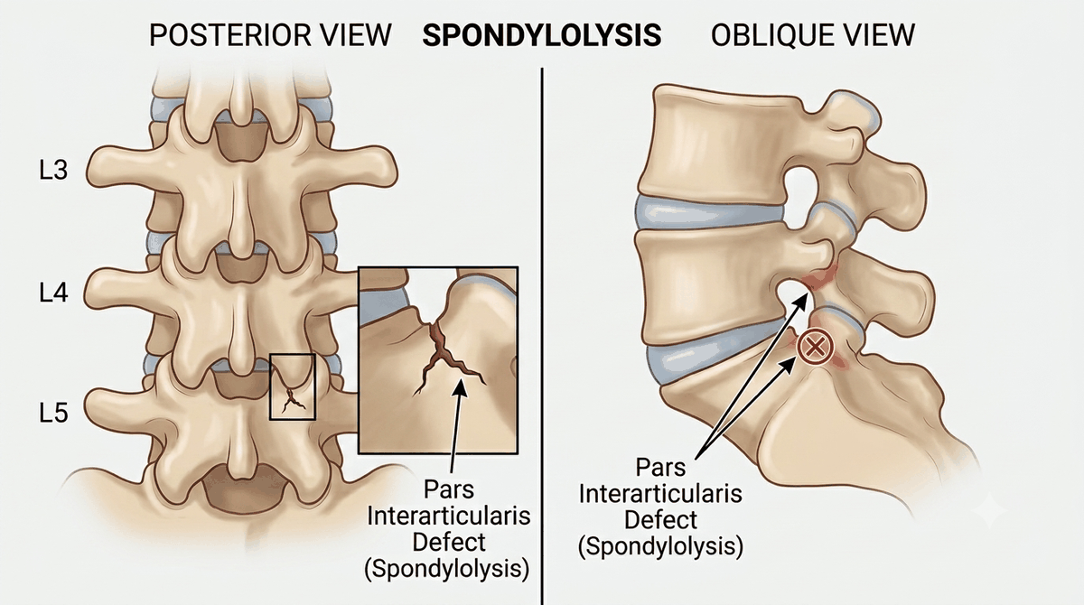 Spondylolysis — pars interarticularis defect (posterior and oblique views)