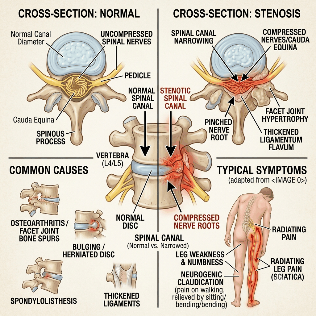 Normal spinal canal versus stenosis with nerve compression